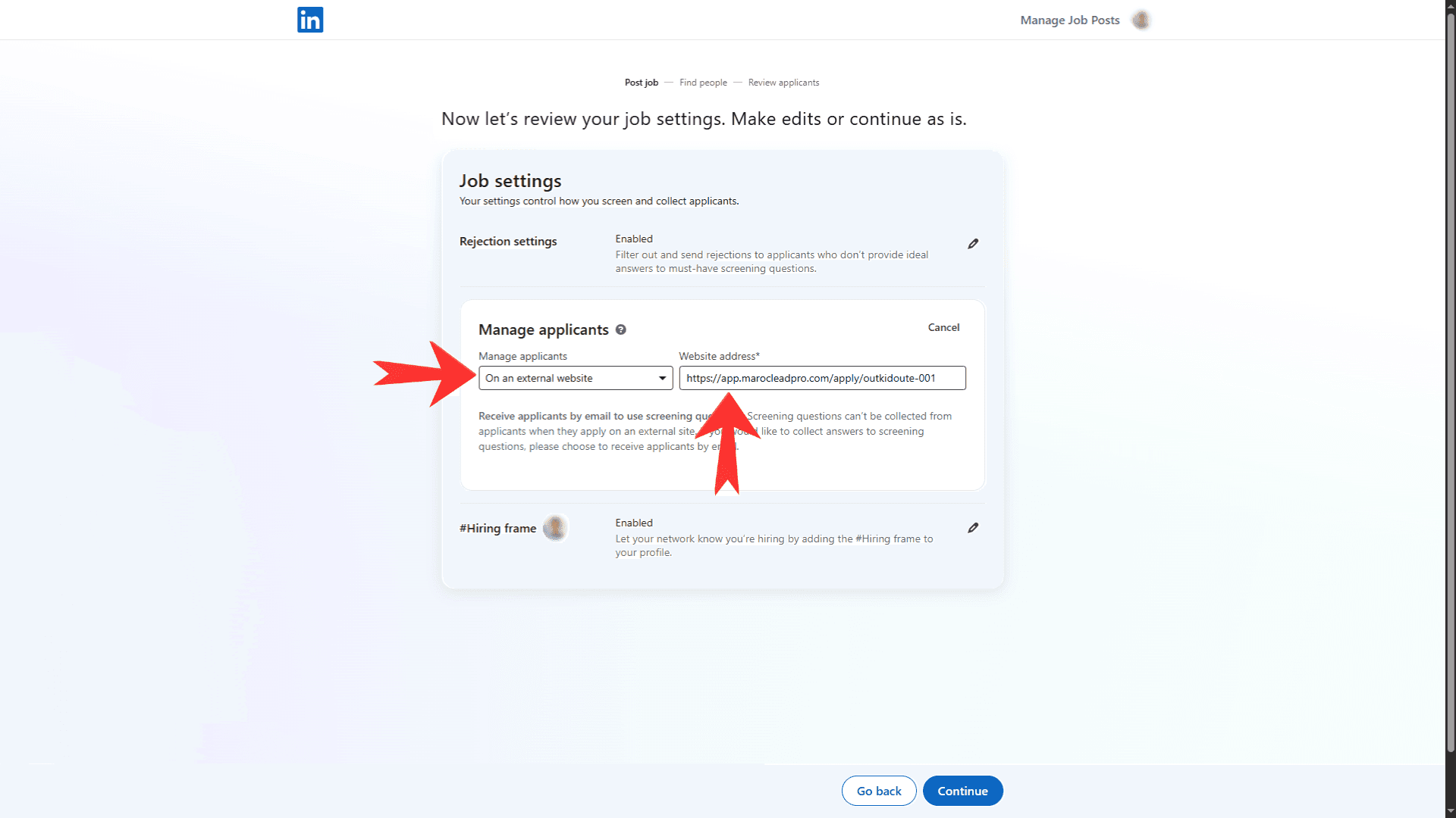 LinkedIn External Website configuration