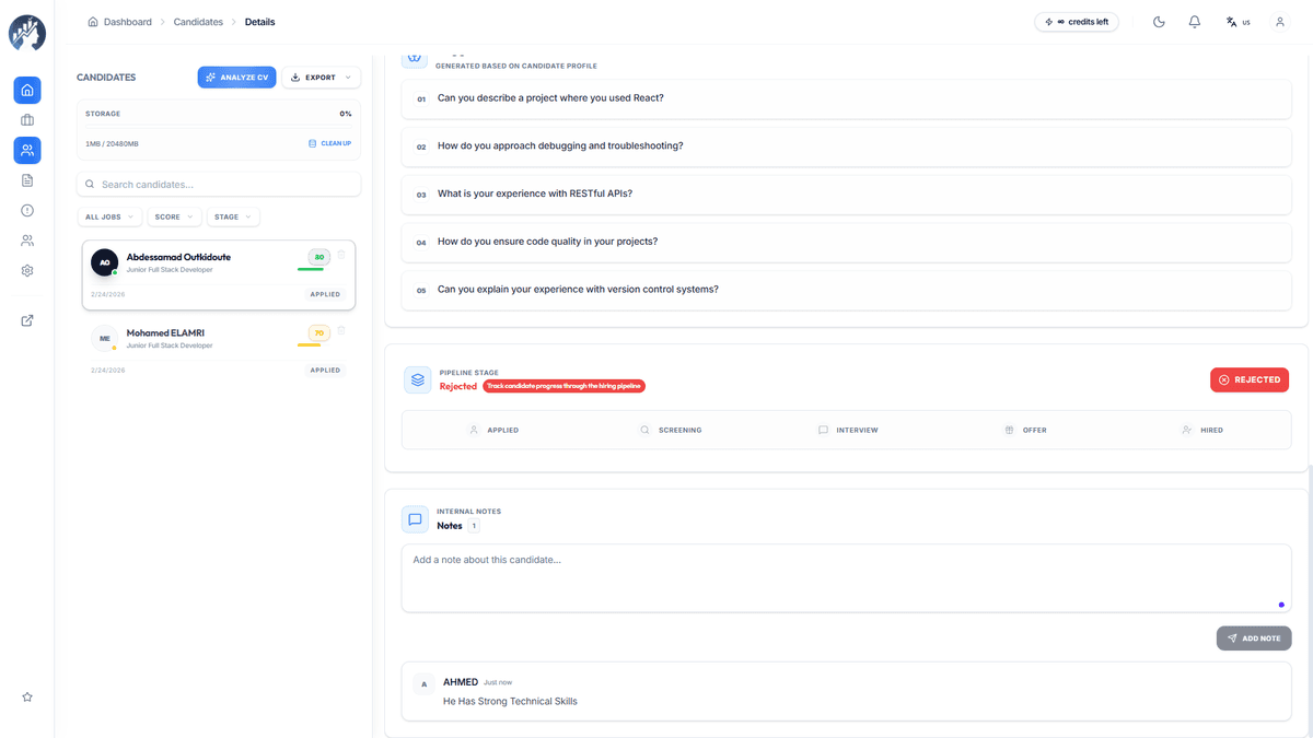 Explainable AI talent evaluation report with match reasoning and auto-generated interview questions