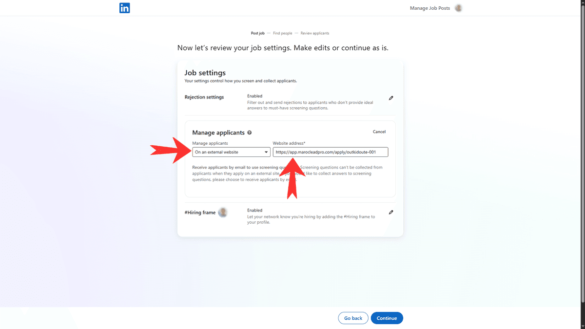 LinkedIn External Website configuration